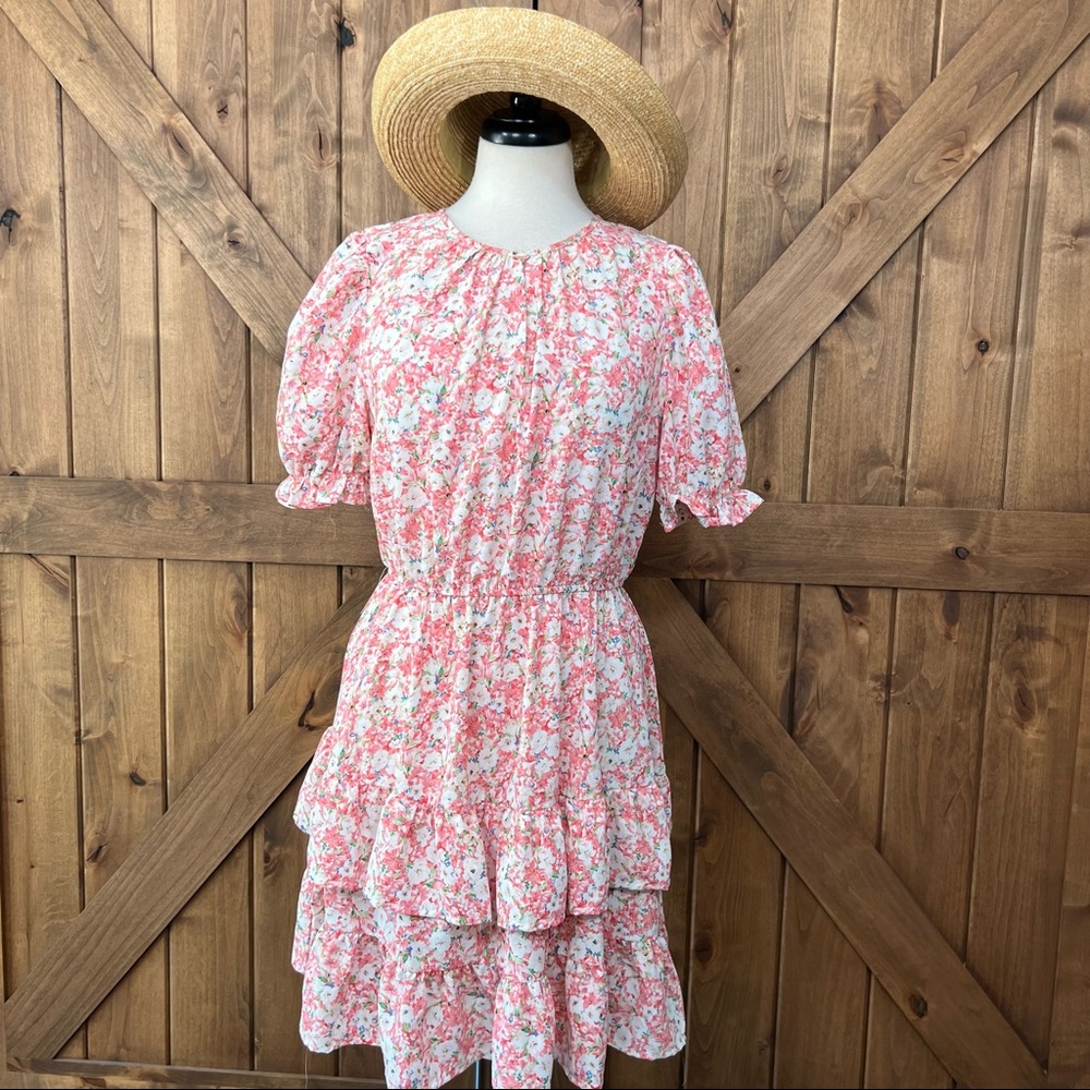 Ruffle pink floral dress tea party dress